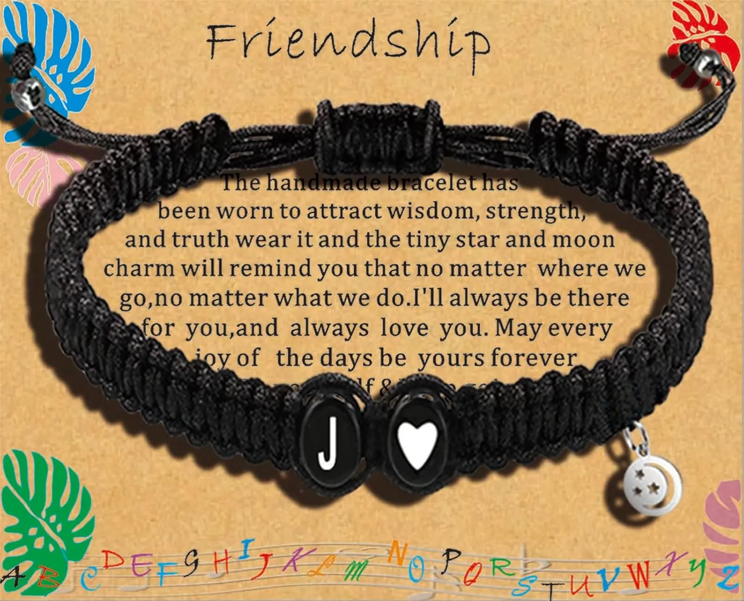 Personalized Initial Heart Bracelets for His or Hers Women Teen Girls Boys Men Friend Birthday Graduation Gifts Adjustable Letter A-Z Braided Bracelets Moon Star Pendant Friendship Gifts