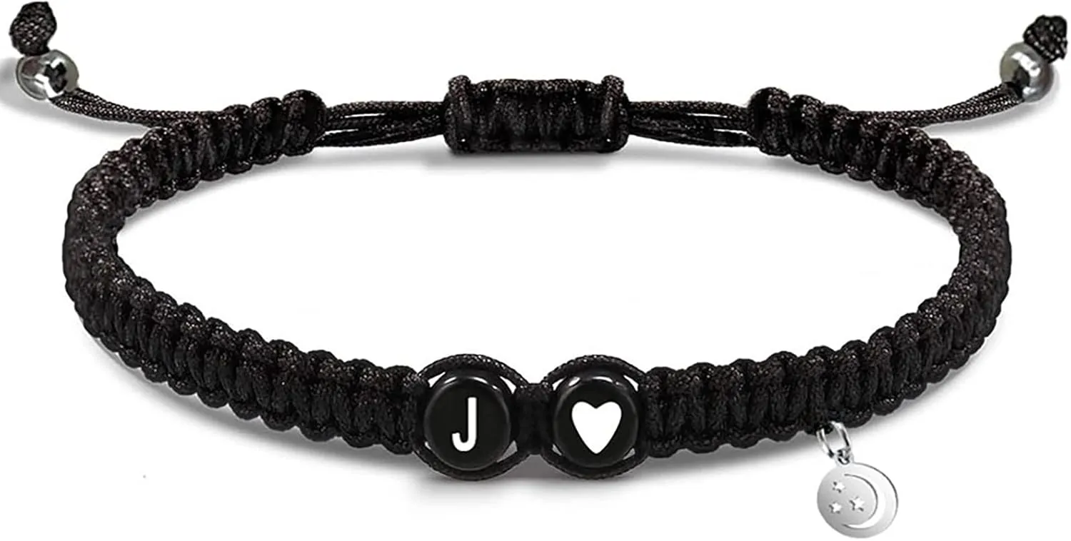 Personalized Initial Heart Bracelets for His or Hers Women Teen Girls Boys Men Friend Birthday Graduation Gifts Adjustable Letter A-Z Braided Bracelets Moon Star Pendant Friendship Gifts