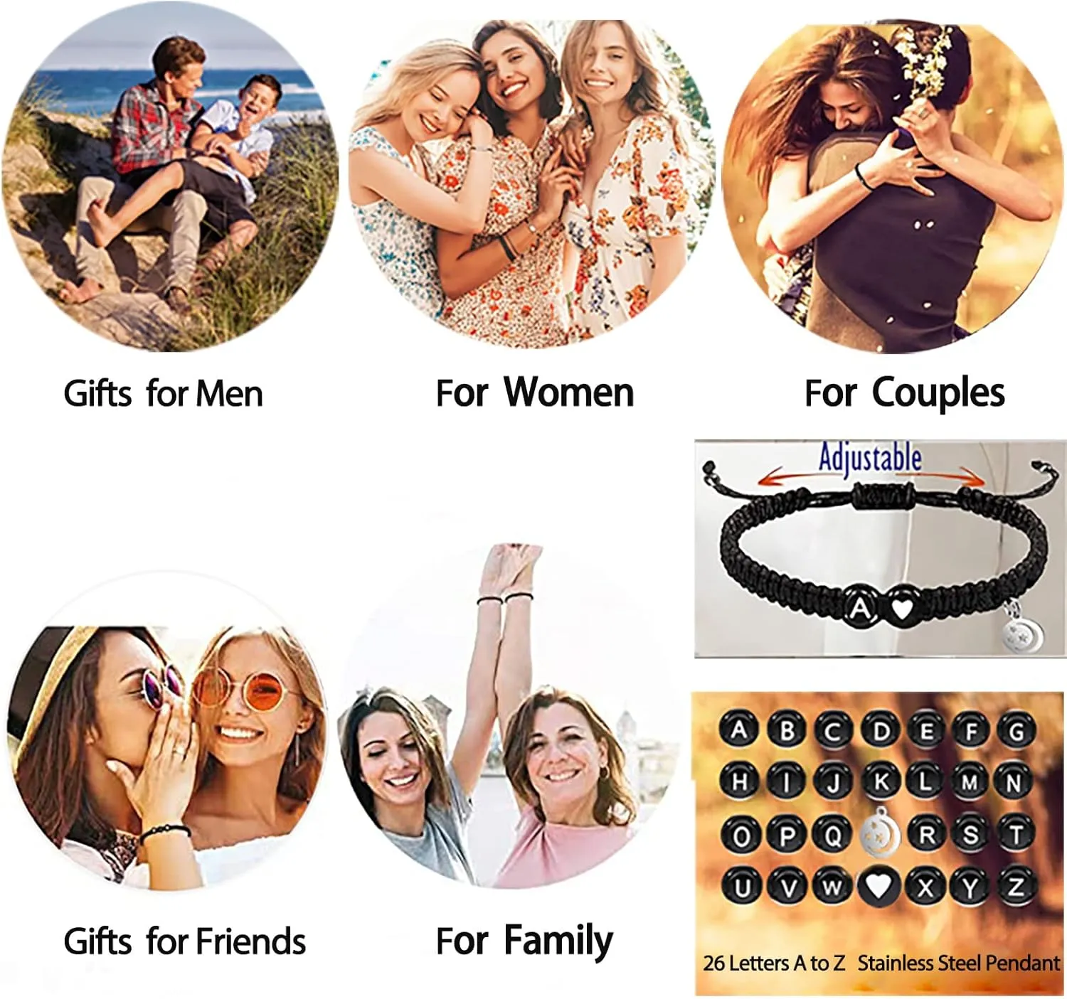 Personalized Initial Heart Bracelets for His or Hers Women Teen Girls Boys Men Friend Birthday Graduation Gifts Adjustable Letter A-Z Braided Bracelets Moon Star Pendant Friendship Gifts