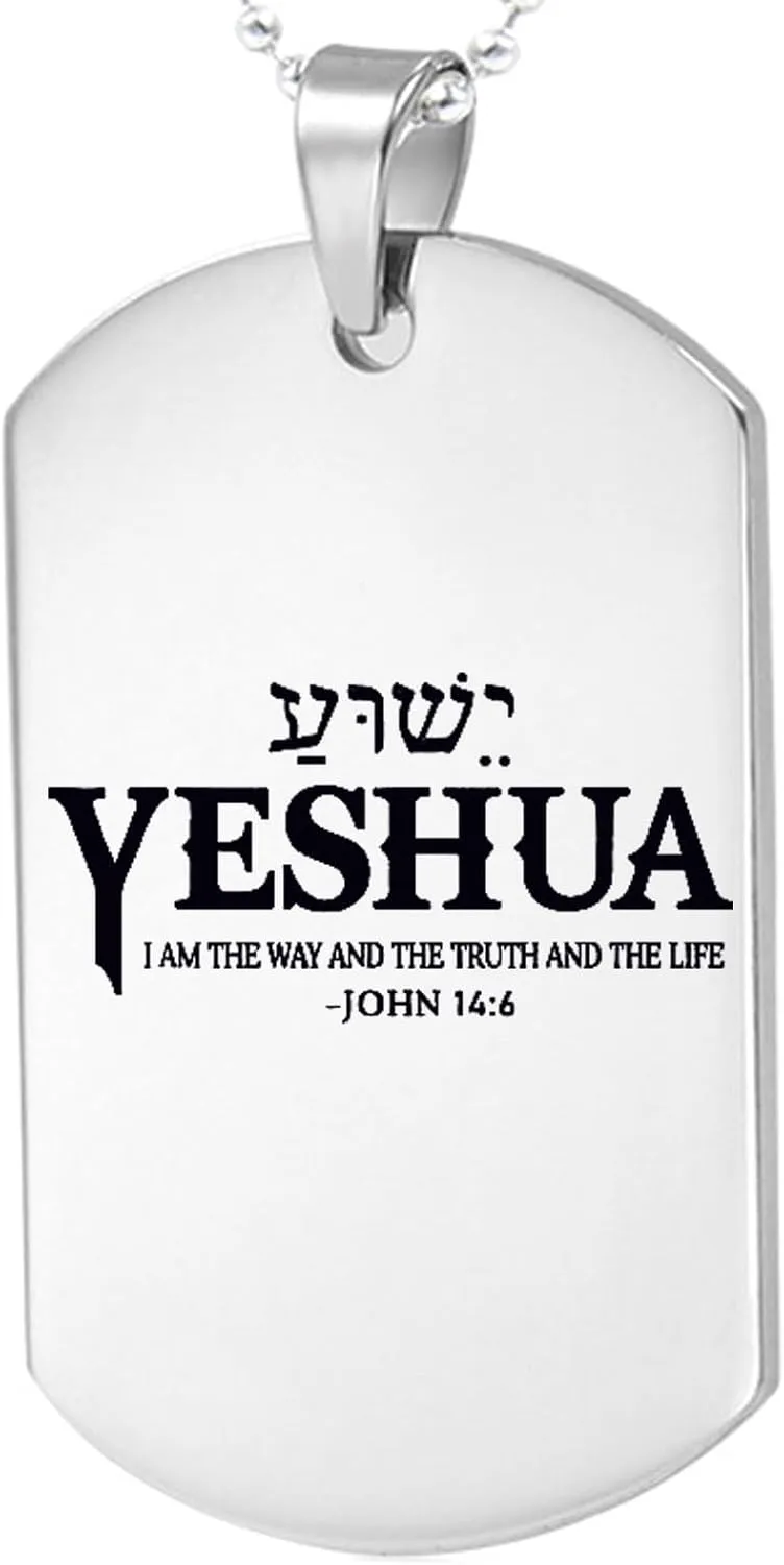 Personalized Inspirational Silver Pendant Necklaces,Yeshua Hebrew Name Jesus The Way Truth Life Christian Bible,Engraving Customized Stainless Steel Necklaces for Men Women