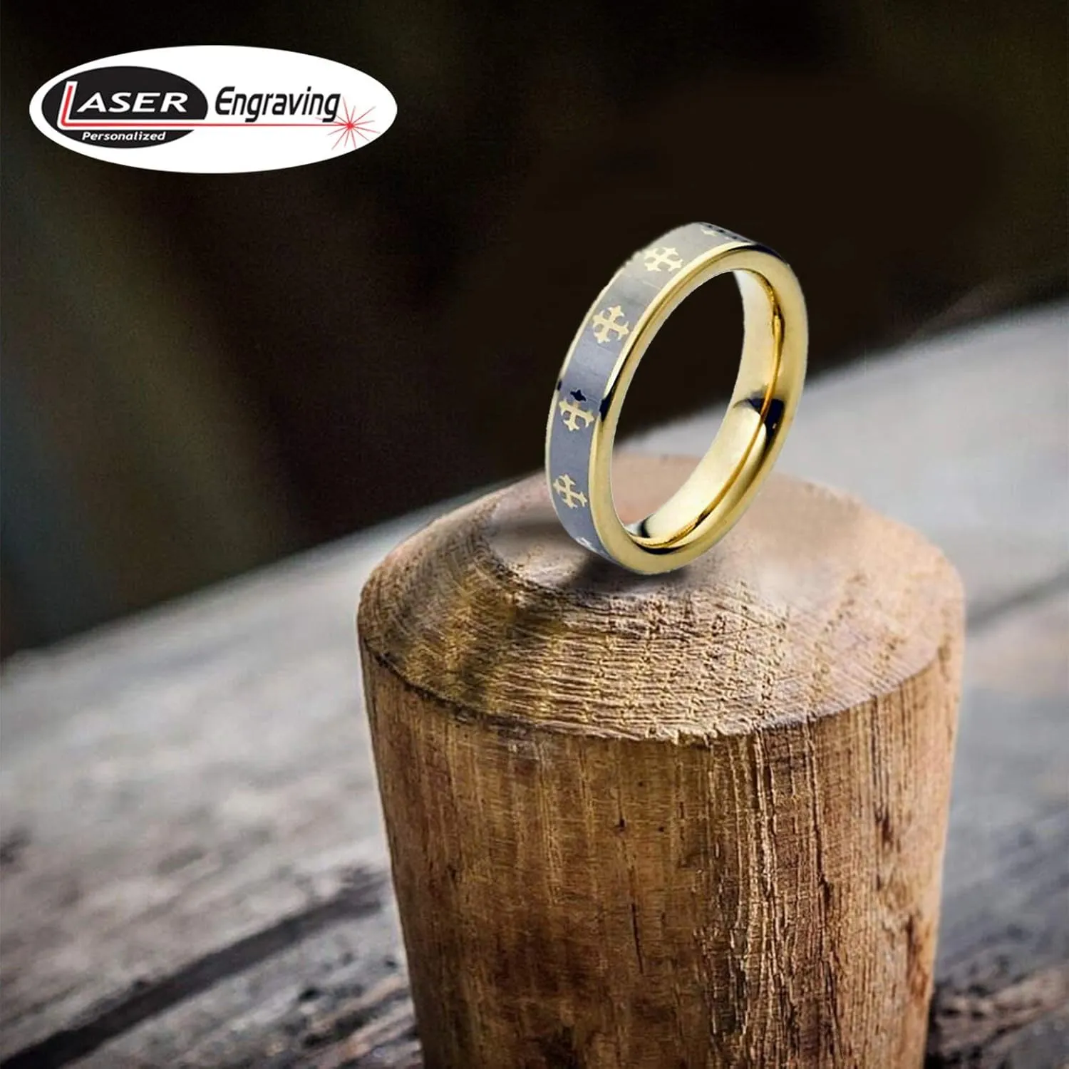 Personalized Laser Engraving Ring for Men and Ring for Women Tungsten Band Rings 5mm Yellow Gold Tone IP Plated Laser Engraved Crosses Design Wedding Band Ring Ideal Rings for Couples