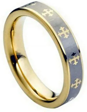 Personalized Laser Engraving Ring for Men and Ring for Women Tungsten Band Rings 5mm Yellow Gold Tone IP Plated Laser Engraved Crosses Design Wedding Band Ring Ideal Rings for Couples