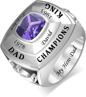 Personalized Men's Championship Ring, Custom Sterling Silver Rings with 1 Simulated Birthston, Engraved Name Ring, for Basketball, Baseball, Hockey Sports Rings, Gift for Father, Husband, Brother