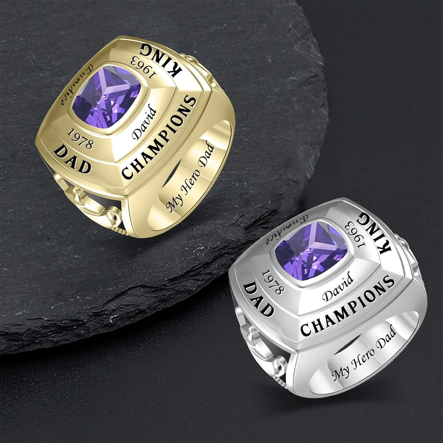 Personalized Men's Championship Ring, Custom Sterling Silver Rings with 1 Simulated Birthston, Engraved Name Ring, for Basketball, Baseball, Hockey Sports Rings, Gift for Father, Husband, Brother