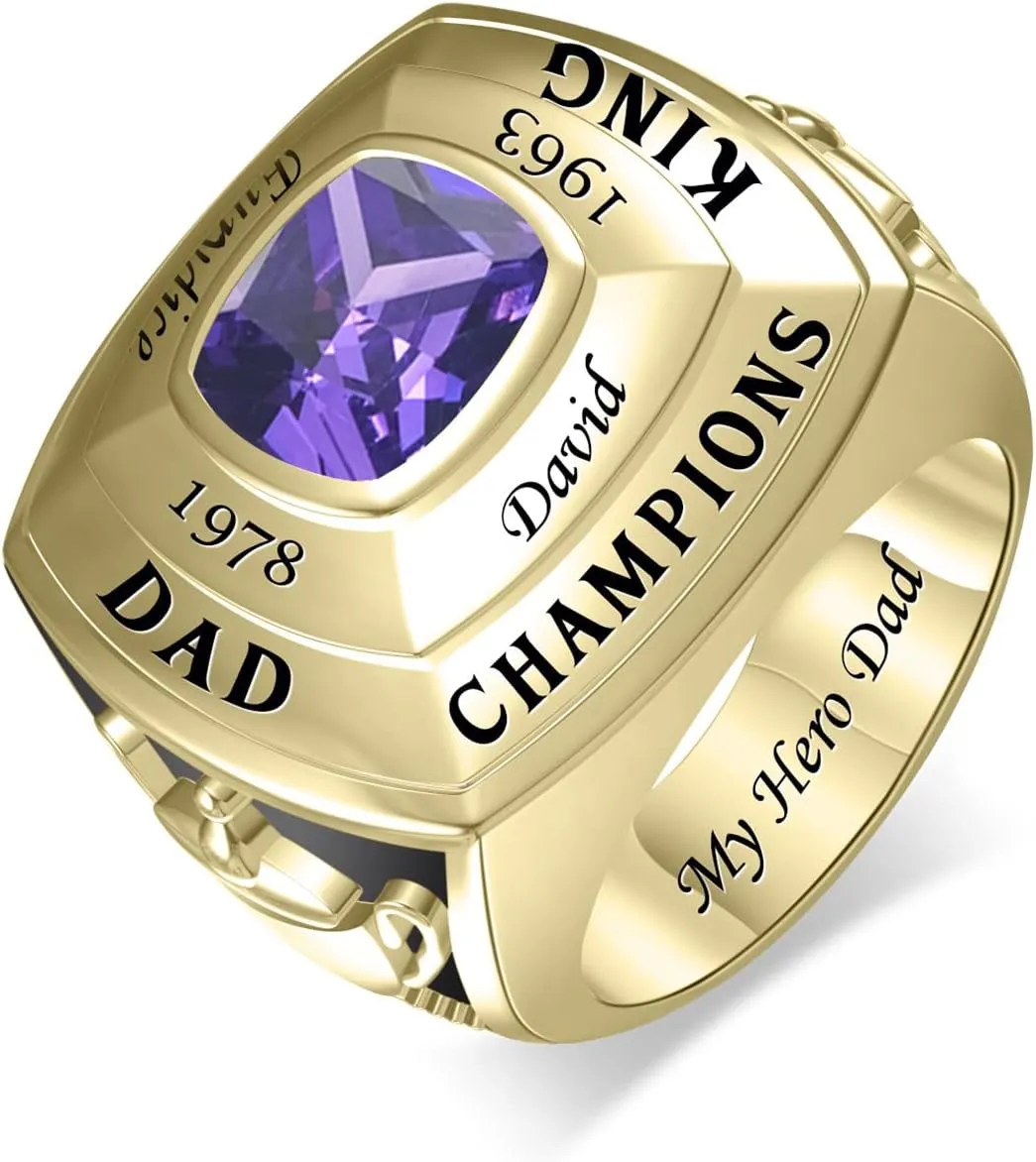 Personalized Men's Championship Ring, Custom Sterling Silver Rings with 1 Simulated Birthston, Engraved Name Ring, for Basketball, Baseball, Hockey Sports Rings, Gift for Father, Husband, Brother
