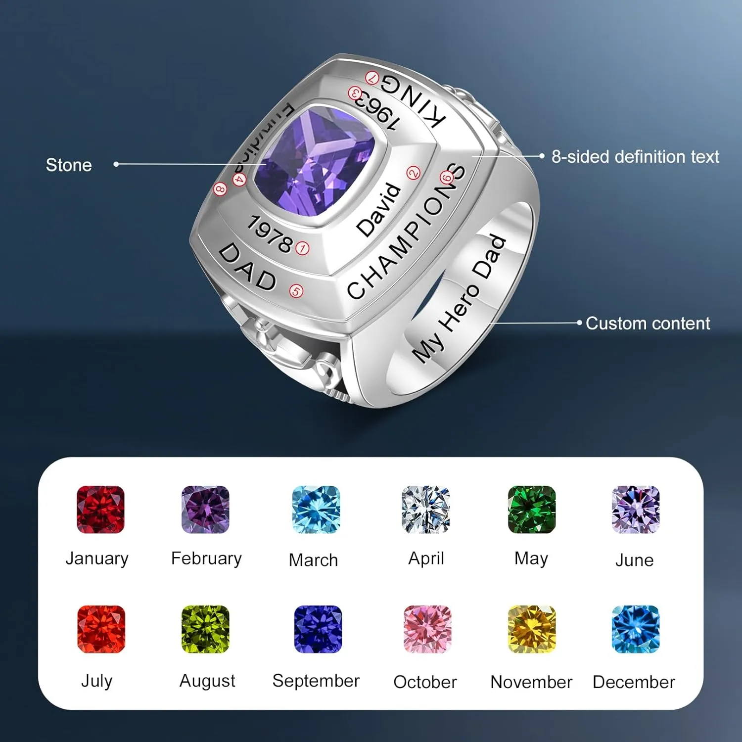 Personalized Men's Championship Ring, Custom Sterling Silver Rings with 1 Simulated Birthston, Engraved Name Ring, for Basketball, Baseball, Hockey Sports Rings, Gift for Father, Husband, Brother