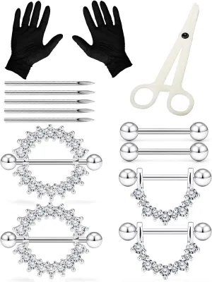 Piercing Kit Nipple Jewelry kit 14G Surgical Stainless Steel Nipple/Tongue Piercing Jewelry Set 14 Gauge Piercing Needles CZ Silver Black Nipple Tongue Ring for Women Men Body Piercing Kits