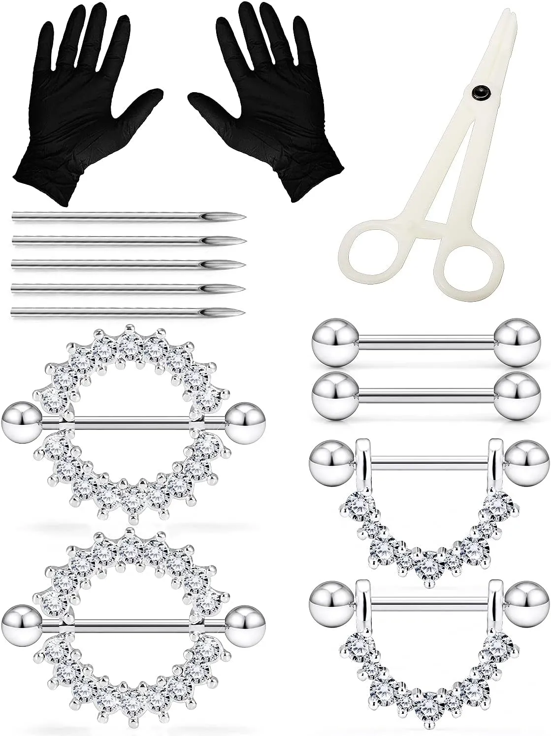 Piercing Kit Nipple Jewelry kit 14G Surgical Stainless Steel Nipple/Tongue Piercing Jewelry Set 14 Gauge Piercing Needles CZ Silver Black Nipple Tongue Ring for Women Men Body Piercing Kits