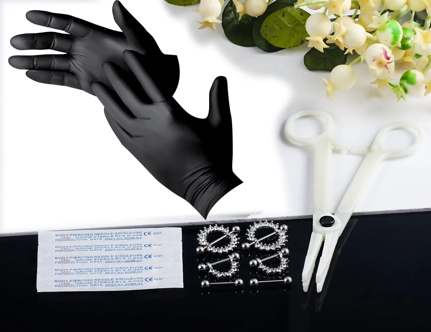 Piercing Kit Nipple Jewelry kit 14G Surgical Stainless Steel Nipple/Tongue Piercing Jewelry Set 14 Gauge Piercing Needles CZ Silver Black Nipple Tongue Ring for Women Men Body Piercing Kits