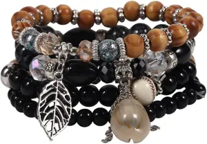 Pingyongchang Bohemian Seashell Crystal Stretch Bracelets Set for Women Multi-color Stones Beaded Leaf Stackable Strand Bracelet Handmade Boho Summer Beach Jewelry Mother's Day Gift