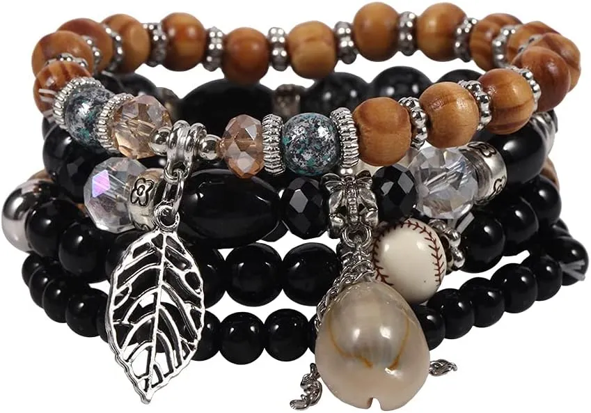 Pingyongchang Bohemian Seashell Crystal Stretch Bracelets Set for Women Multi-color Stones Beaded Leaf Stackable Strand Bracelet Handmade Boho Summer Beach Jewelry Mother's Day Gift