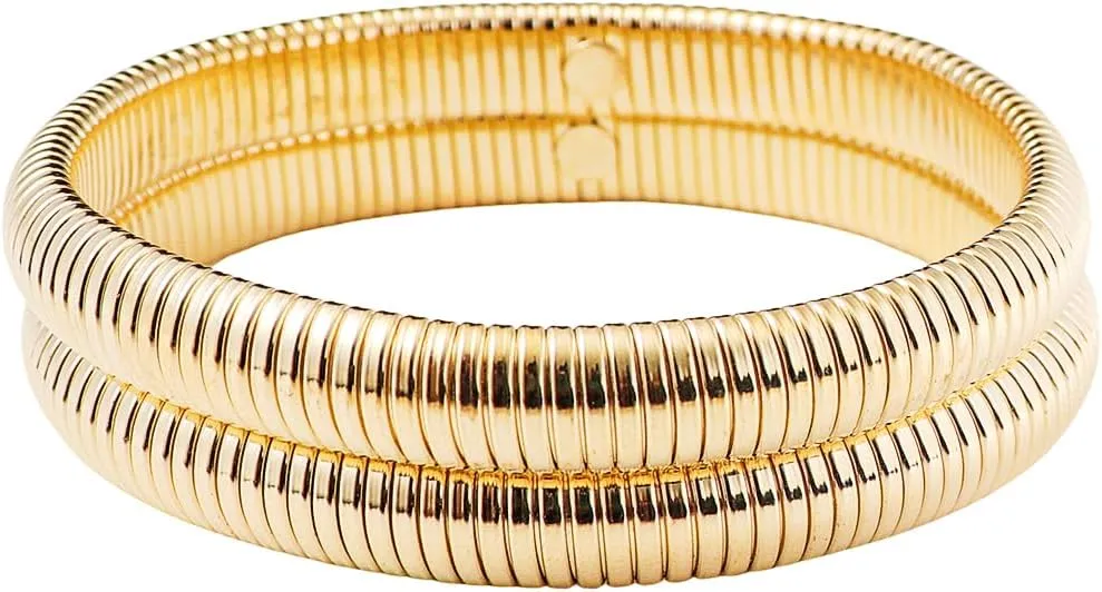 Pingyongchang Gold Silver Chunky Bangle Stretch Bracelets For Women Men 14K Gold Filled Stainless Steel Bracelet Stretchy Link Chain Bracelet Wide Wristband Non Tarnish Trendy Jewelry Set of 3