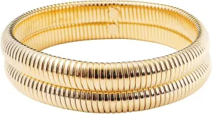 Pingyongchang Gold Silver Chunky Bangle Stretch Bracelets For Women Men 14K Gold Filled Stainless Steel Bracelet Stretchy Link Chain Bracelet Wide Wristband Non Tarnish Trendy Jewelry Set of 3