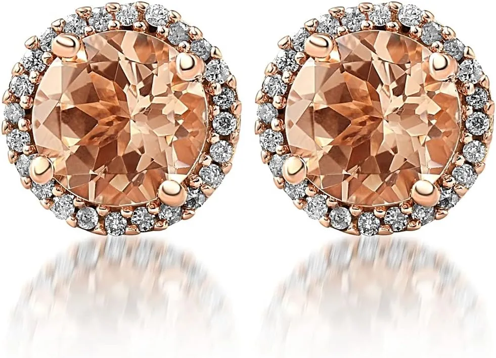 Pompeii 1 1/2 Ct Diamond & Morganite Rose Gold Halo Studs Screw Back Earrings Rose Gold