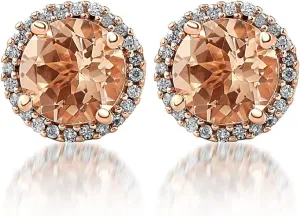 Pompeii 1 1/2 Ct Diamond & Morganite Rose Gold Halo Studs Screw Back Earrings Rose Gold