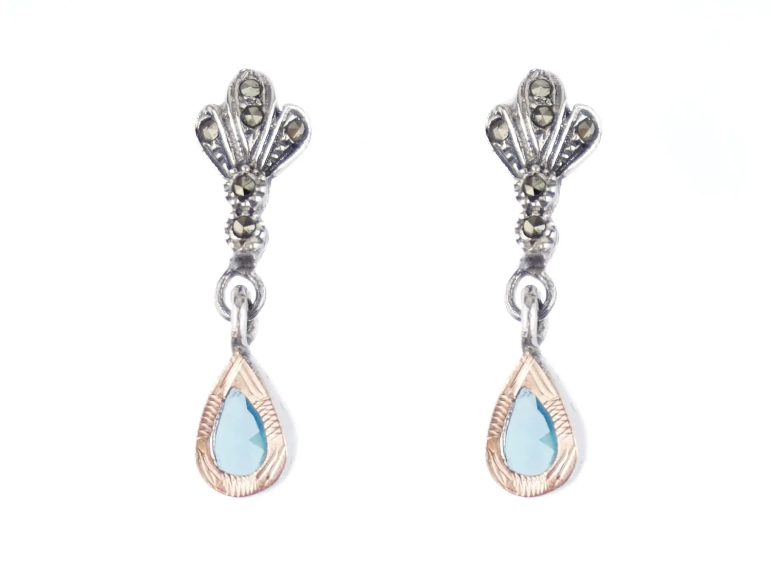 Portuguese Marcasites EARRINGS Tiny Teardrop w/Aquamarine Stone Antique Style, 925 Sterling Silver & 9k Gold