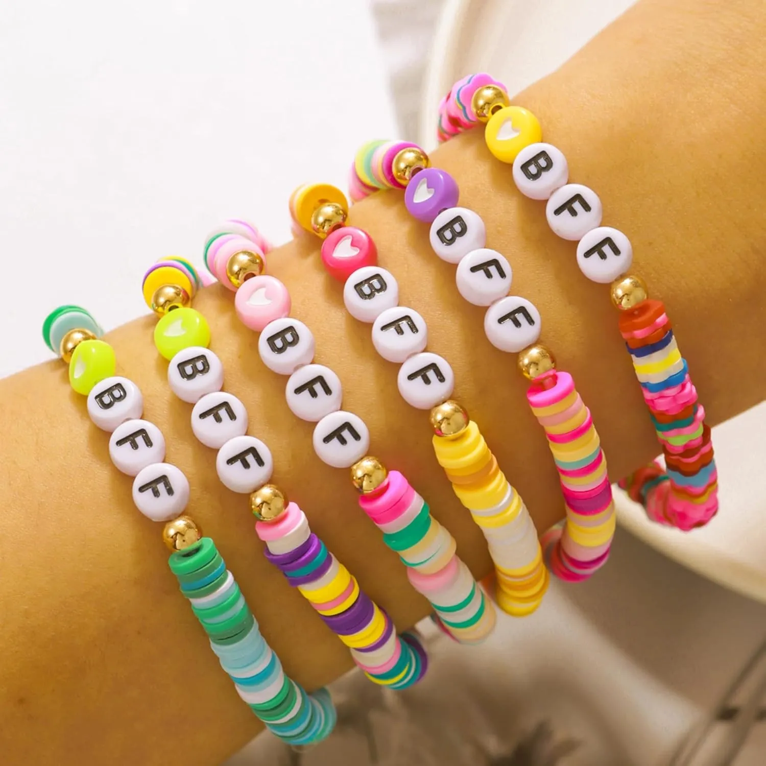 Preppy Jewelry Bracelets for Women Handmade Friendship Bracelets Clay Bead Colorful Surfer Heishi Bracelet Set Stackable Boho Y2K Summer Beach Elastic Layering Bracelets