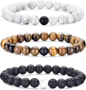 PRETOLE Mens Beaded Bracelets,Tiger Eye Bracelet Men Natural Stone Bracelets Elastic Black Bead Bracelets Adjustable Lava Rock Bracelet Black Beaded Bracelet for Men Gifts