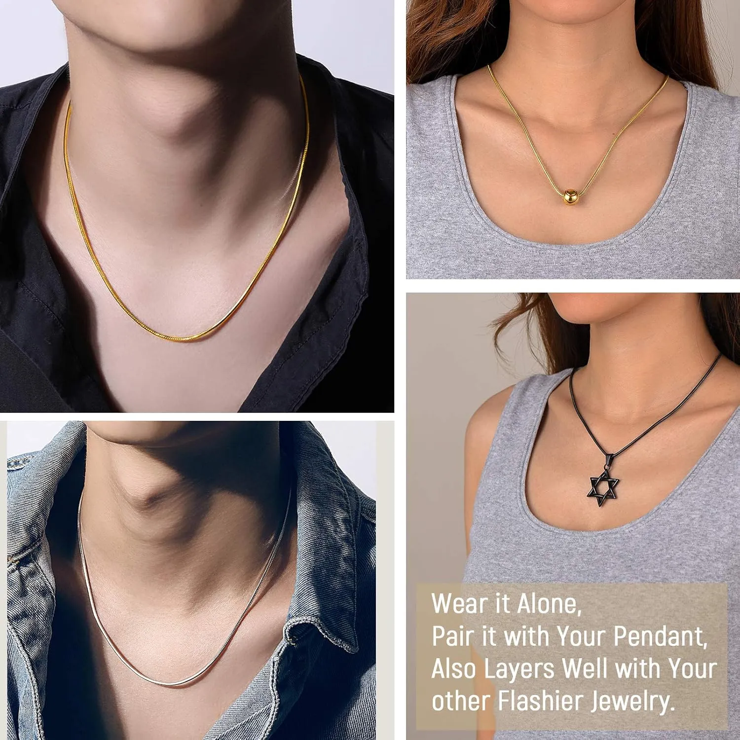 PROSTEEL 2MM Snake Chain Necklace for Men, Chain for Pendant, Black/Gold Plated Stainless Steel Chain Necklace, 16"-30", Come with Box
