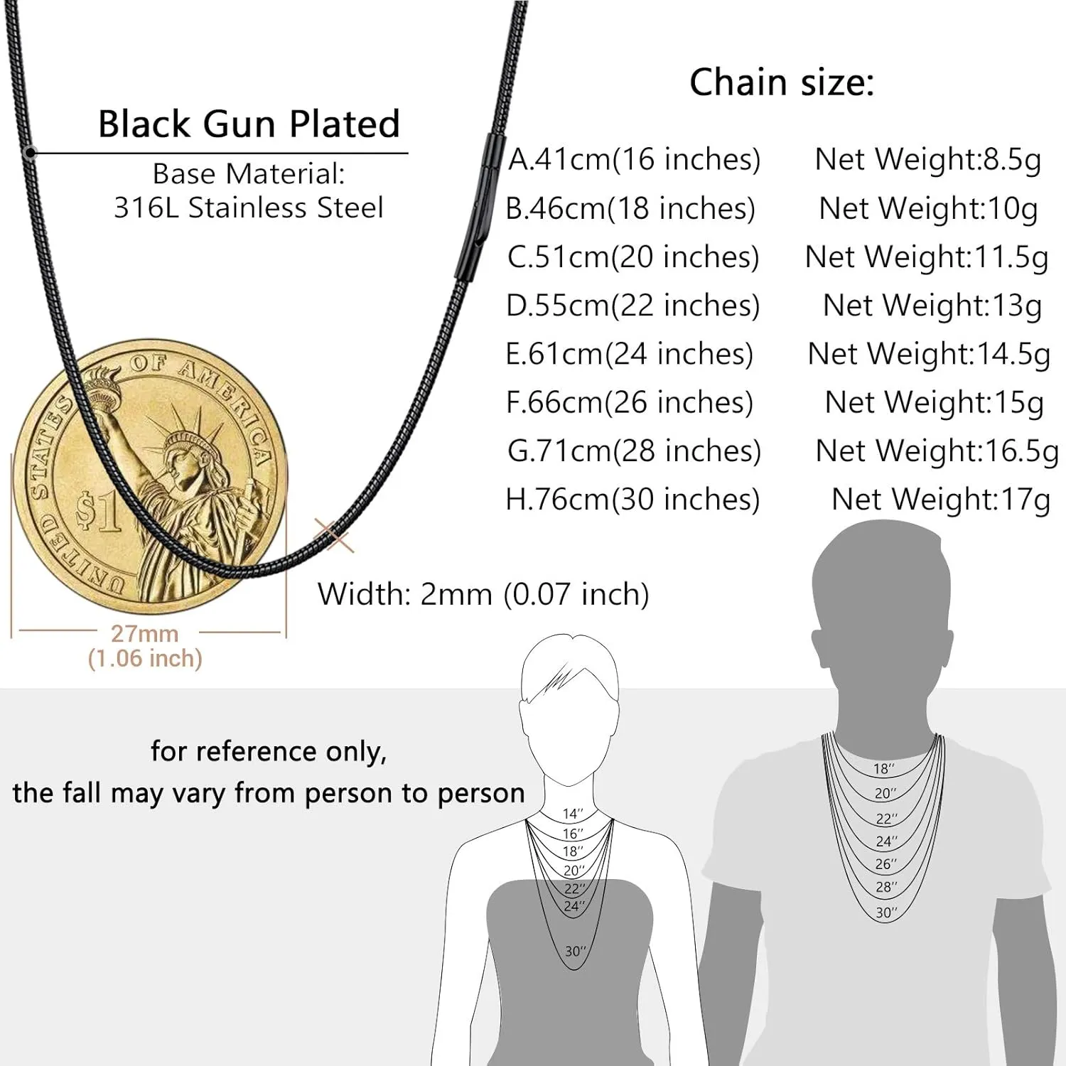 PROSTEEL 2MM Snake Chain Necklace for Men, Chain for Pendant, Black/Gold Plated Stainless Steel Chain Necklace, 16"-30", Come with Box