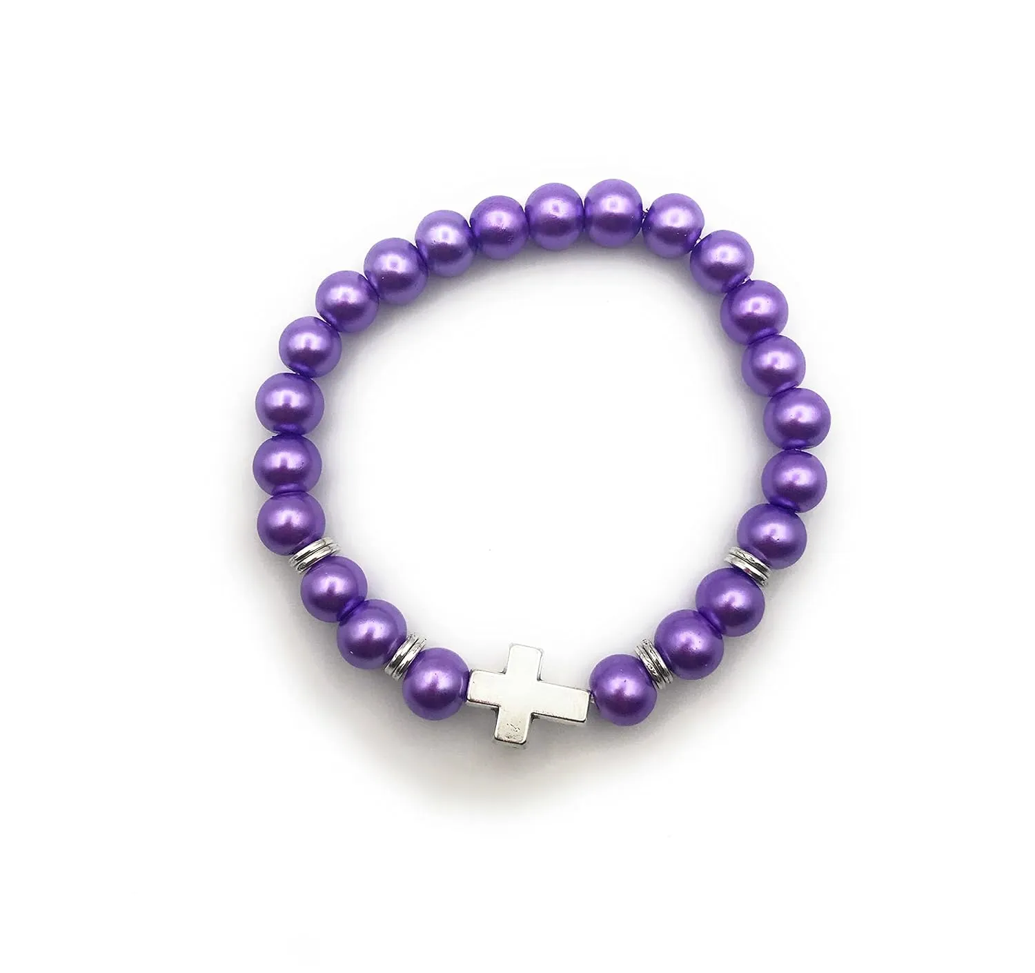 Purple Faux Pearl Beaded Stretch Bracelet Cross Accent - Handmade Gift for Mom Sister Daughter