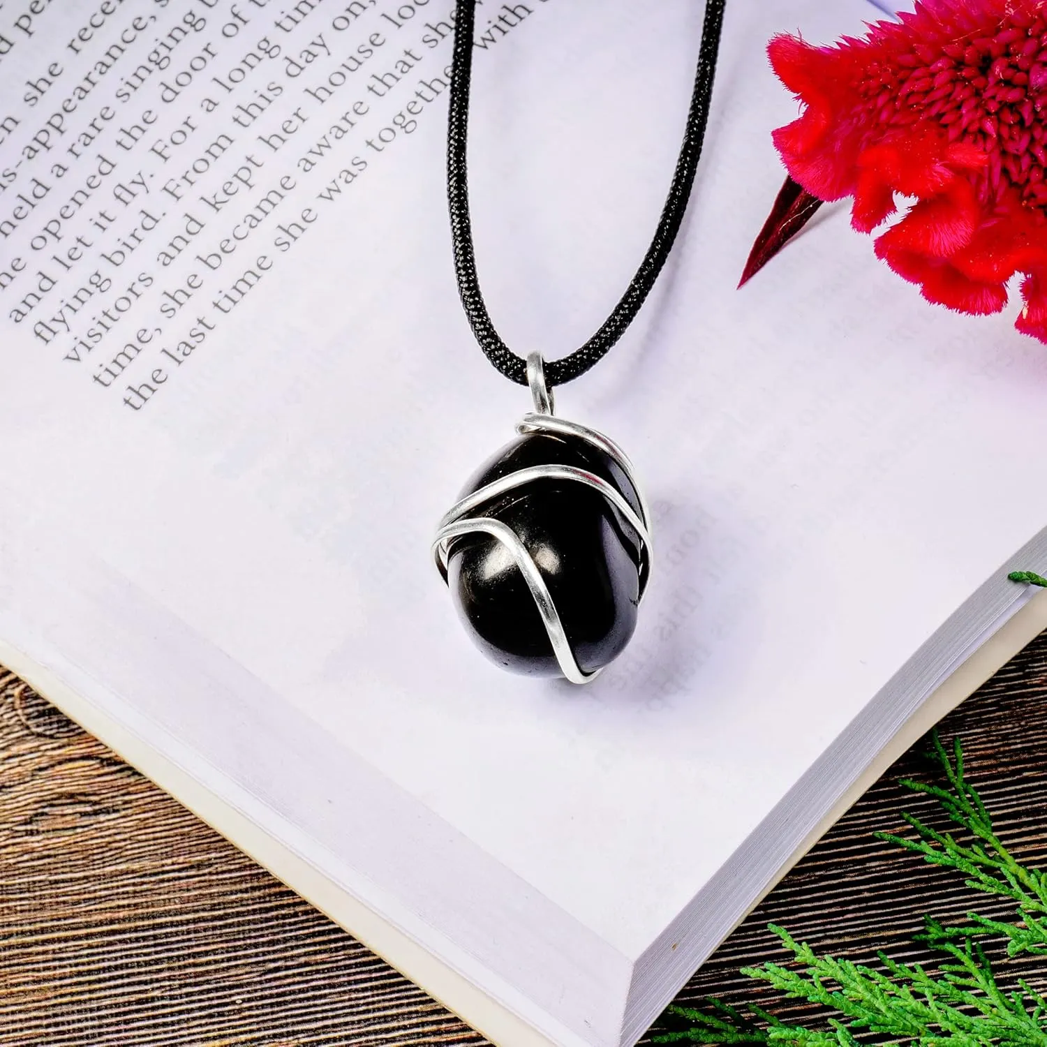 PYOR Black Agate Crystal Tumbled Necklace Wire Wrapped Crystals Natural Gemstones Chakra Balancing Energy Generator Good Luck Spiritual Gift Success Stones And Necklaces Prosperity Stone Silver Chain