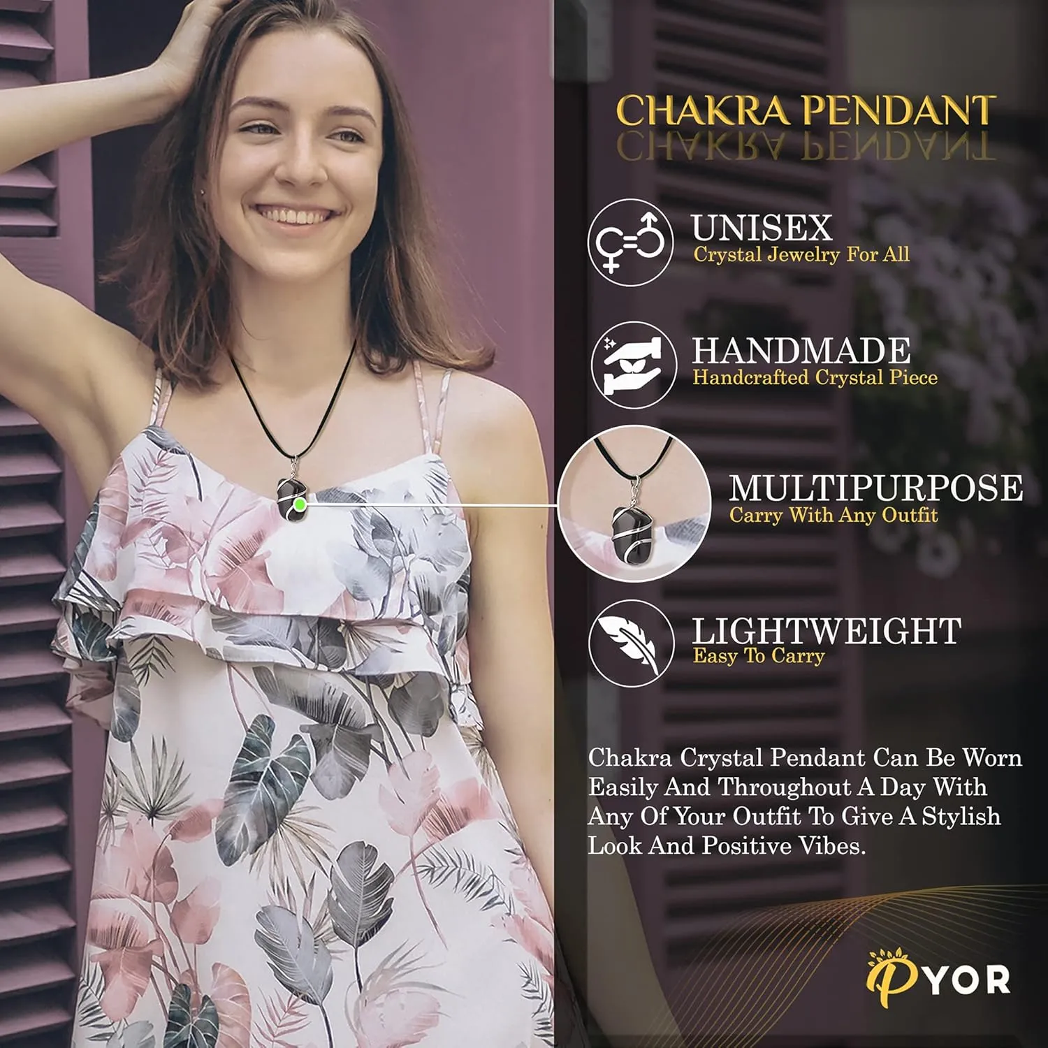 PYOR Black Agate Crystal Tumbled Necklace Wire Wrapped Crystals Natural Gemstones Chakra Balancing Energy Generator Good Luck Spiritual Gift Success Stones And Necklaces Prosperity Stone Silver Chain