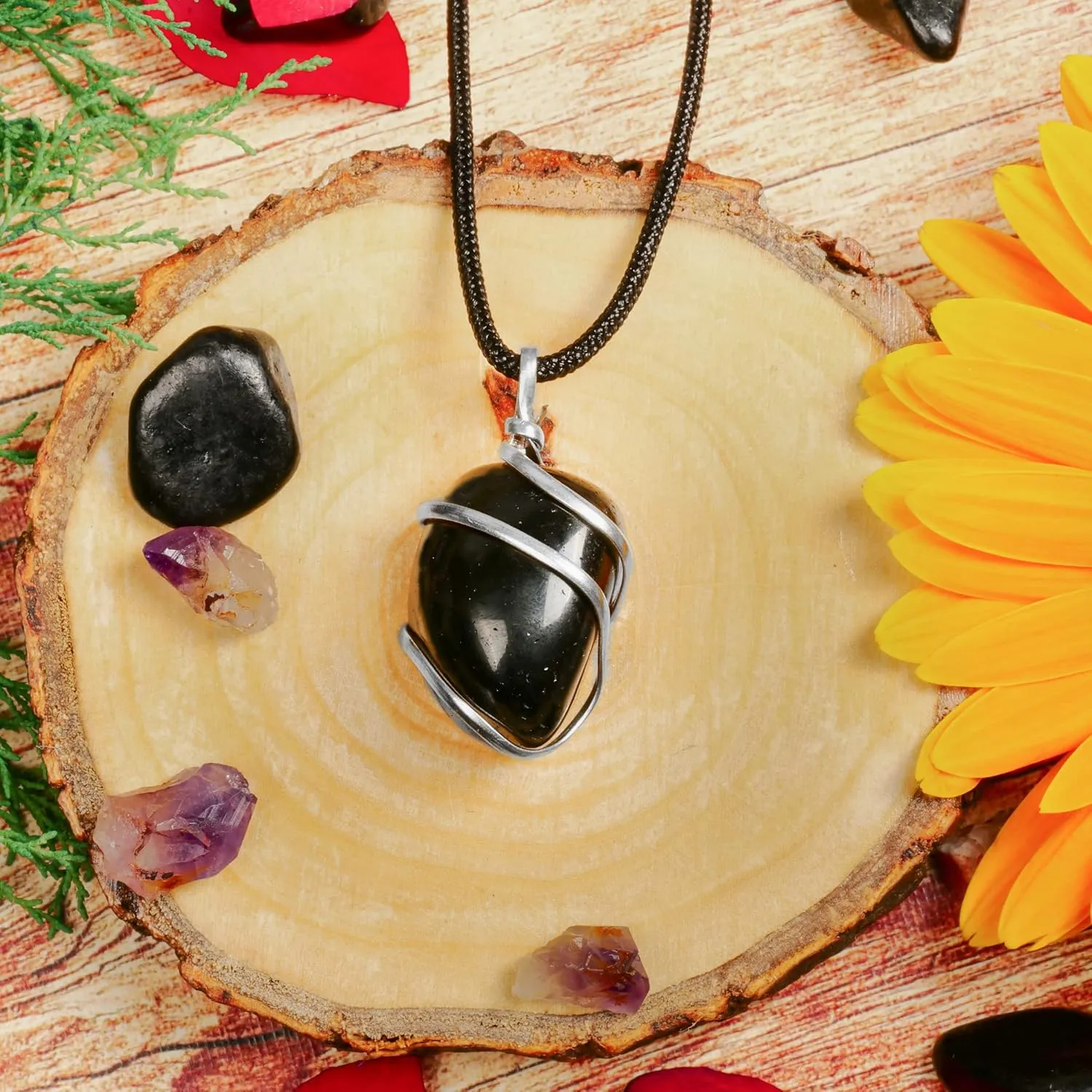 PYOR Black Agate Crystal Tumbled Necklace Wire Wrapped Crystals Natural Gemstones Chakra Balancing Energy Generator Good Luck Spiritual Gift Success Stones And Necklaces Prosperity Stone Silver Chain