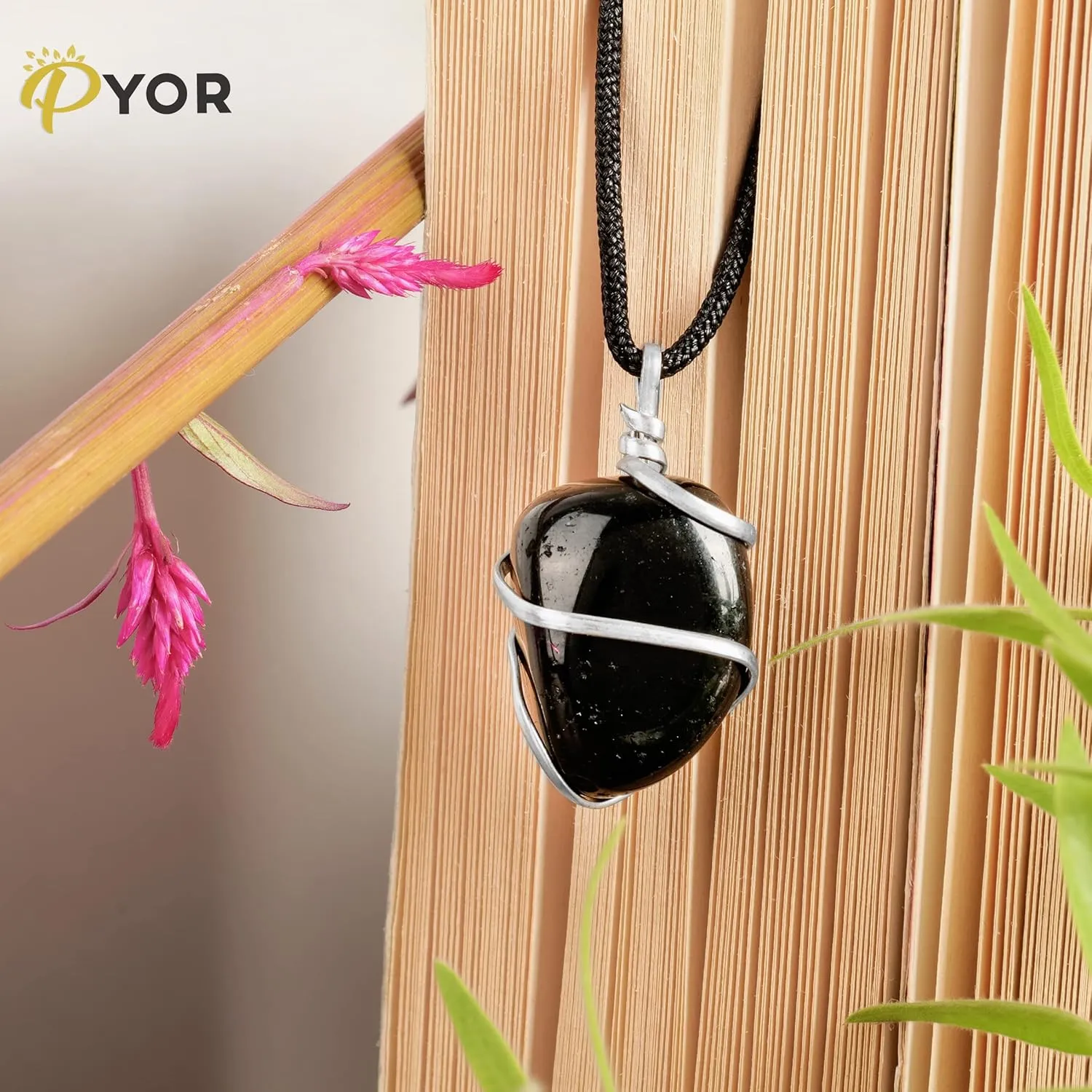 PYOR Black Agate Crystal Tumbled Necklace Wire Wrapped Crystals Natural Gemstones Chakra Balancing Energy Generator Good Luck Spiritual Gift Success Stones And Necklaces Prosperity Stone Silver Chain