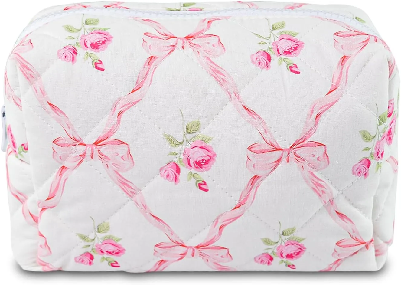 Quilted Makeup Bag Floral Cotton Make up Bag Puffy Coquette Makeup pouch Aesthetic Cute Travel Toiletry Bag for Women Girls
