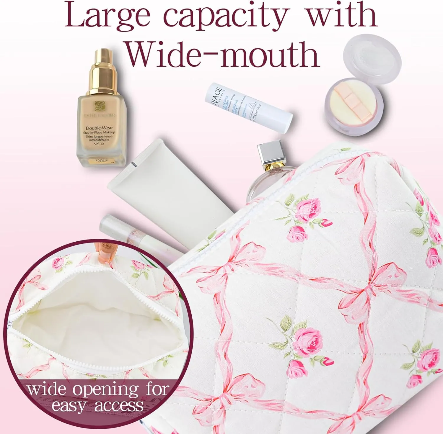 Quilted Makeup Bag Floral Cotton Make up Bag Puffy Coquette Makeup pouch Aesthetic Cute Travel Toiletry Bag for Women Girls