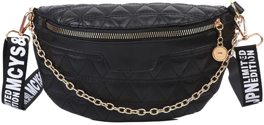 Quilted PU Leather Fanny Pack Crossbody Bags for Women Waist Bag Fashion Chest Bags Casual Belt Bag Purse (Black)