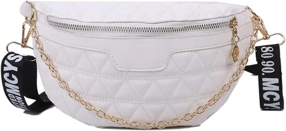 Quilted PU Leather Fanny Pack Crossbody Bags for Women Waist Bag Fashion Chest Bags Casual Belt Bag Purse (White)