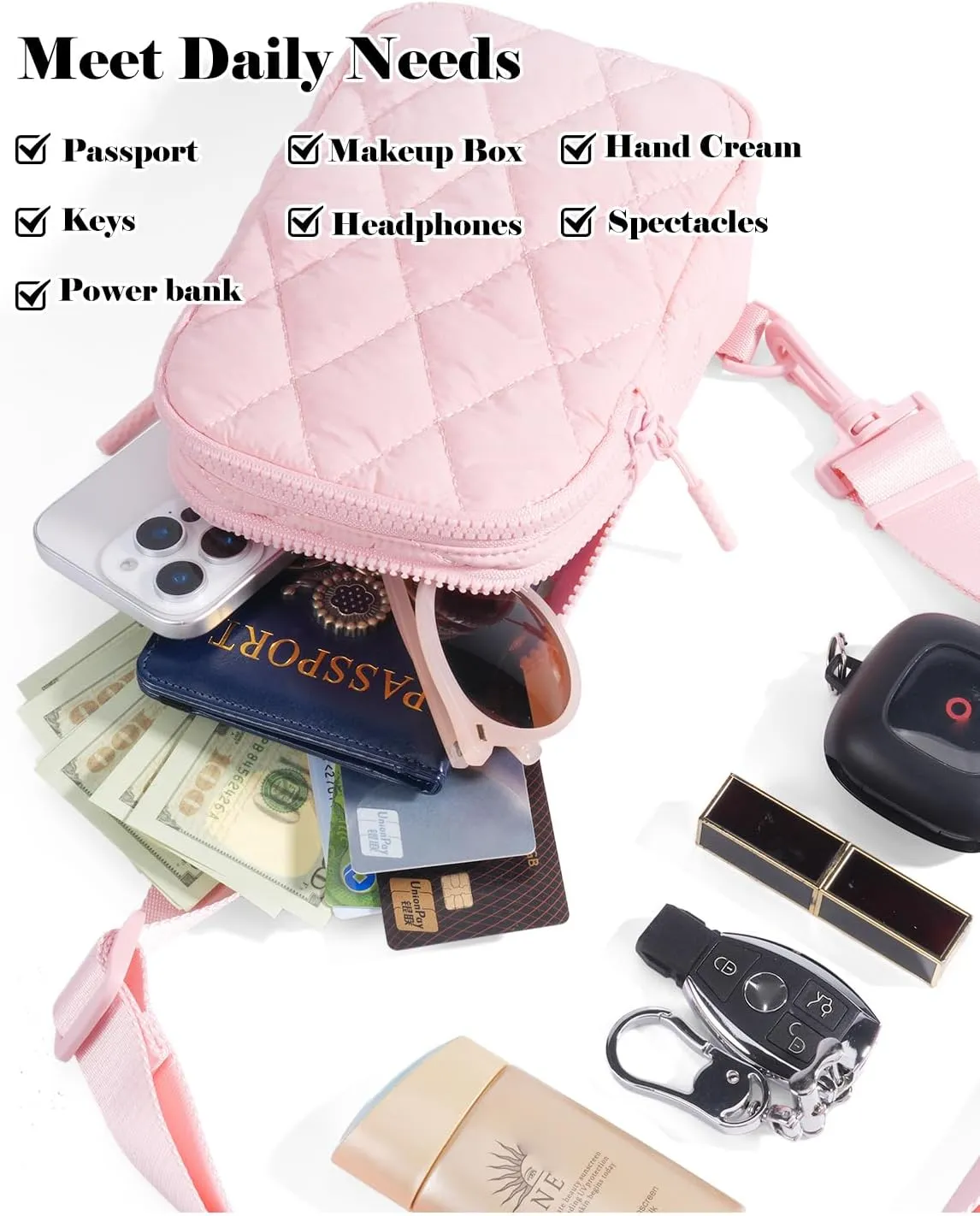 Quilted Puffer Sling Bag for Women Small Backpack Crossbody Chest Bag Fanny Packs Purses for Casual Traveling Hiking