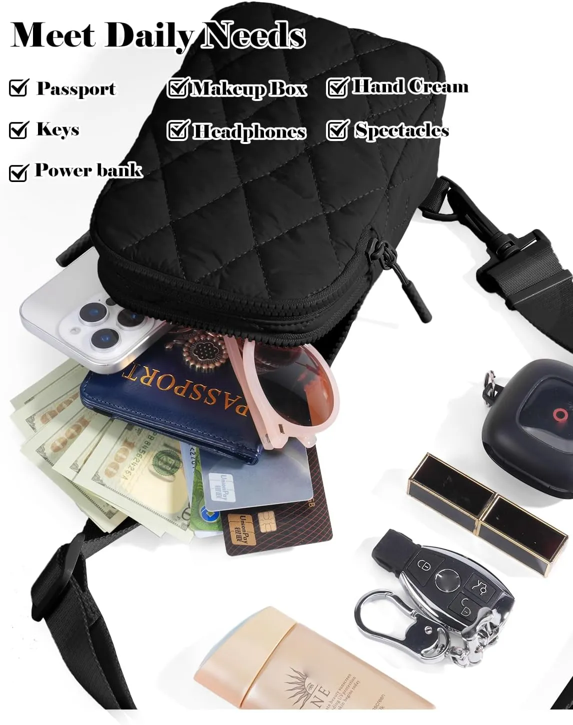 Quilted Puffer Sling Bag for Women Small Backpack Crossbody Chest Bag Fanny Packs Purses for Casual Traveling Hiking