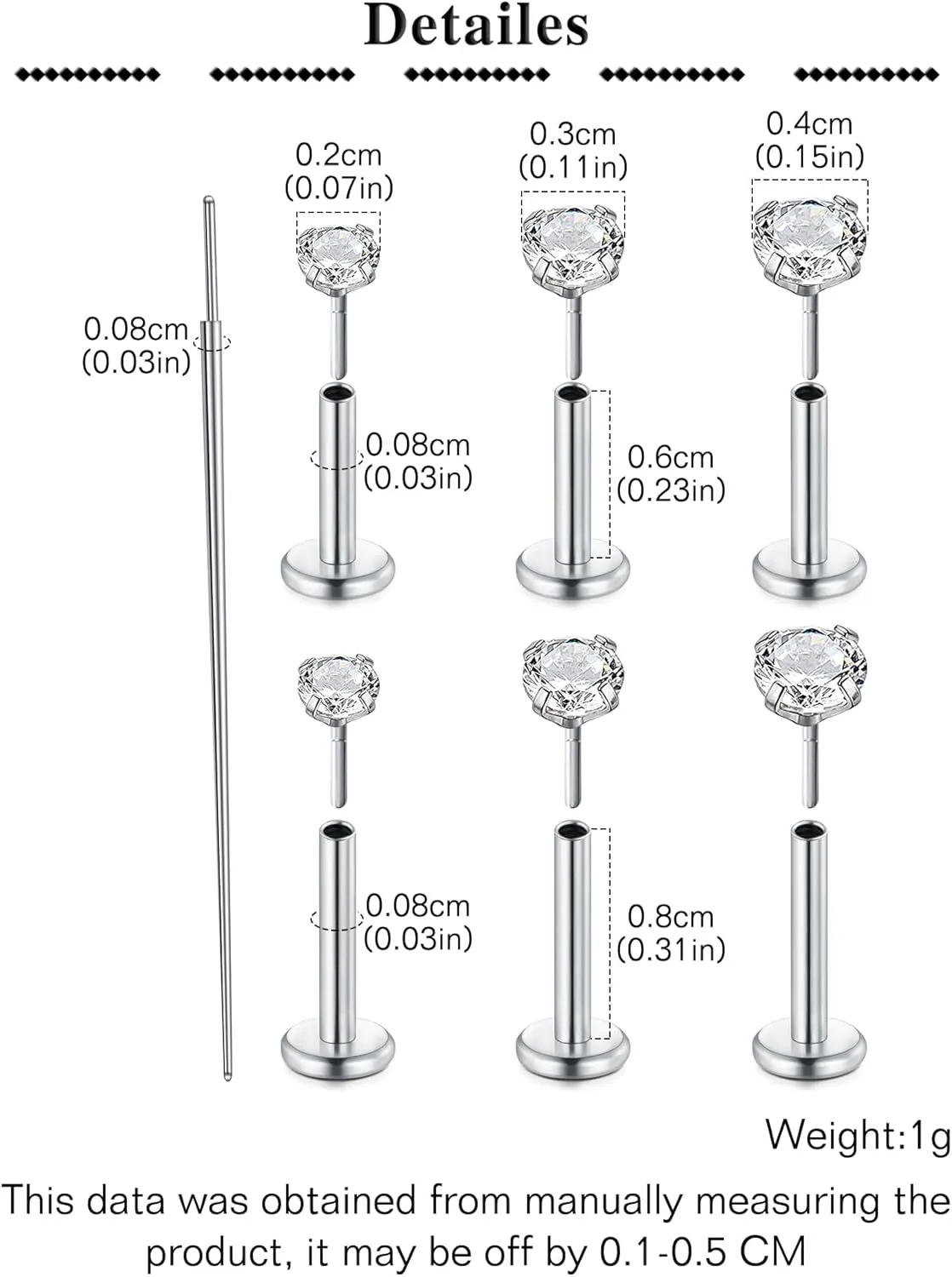 QWALIT 20g 18g 16g Tragus Piercing Jewelry Cartilage Tragus Earrings for Women Flat Back Nose Stud Internally Threaded Earrings Forward Helix Piercing Jewelry Threadless Taper Insertion Changing Tool