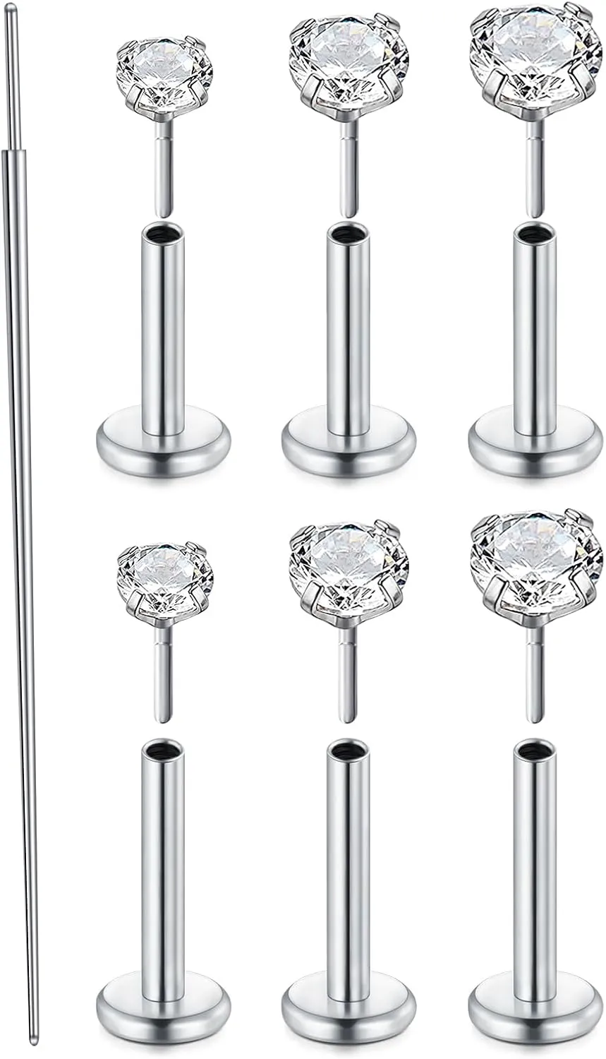 QWALIT 20g 18g 16g Tragus Piercing Jewelry Cartilage Tragus Earrings for Women Flat Back Nose Stud Internally Threaded Earrings Forward Helix Piercing Jewelry Threadless Taper Insertion Changing Tool
