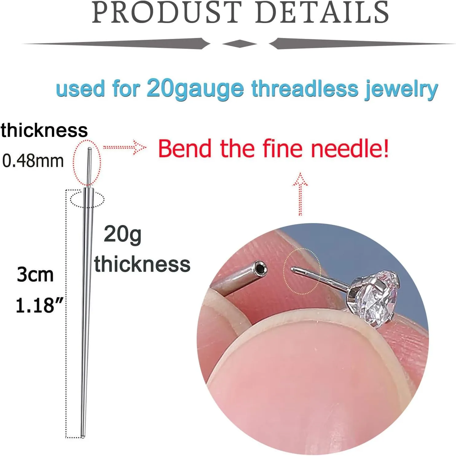QWALIT 20g 18g 16g Tragus Piercing Jewelry Cartilage Tragus Earrings for Women Flat Back Nose Stud Internally Threaded Earrings Forward Helix Piercing Jewelry Threadless Taper Insertion Changing Tool