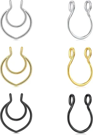 QWALIT Fake Nose Ring Gold Fake Septum Ring Hoop Silver Faux Septum Piercing Clip on Lip Ring Stick on Nose Stud Non Piercing Ear Earring Cuffs Gold Lip Cuff Non Pierced