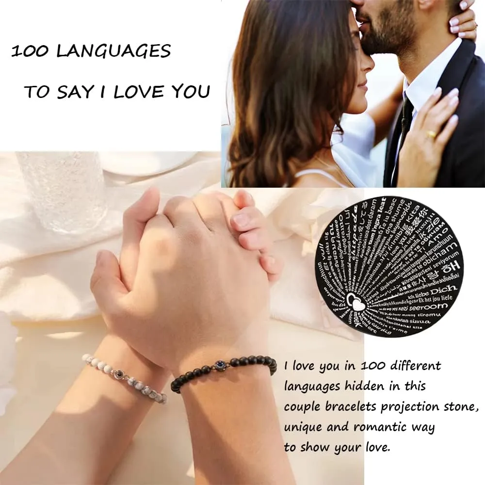 QWNHONEY I Love You 100 Languages Bracelets Couples Gifts Matching Bracelets for Couples Aniversay Birthday Valentine's Day Mother's Day Chritmas Gifts for Him and Her Boyfriend Girlfriend