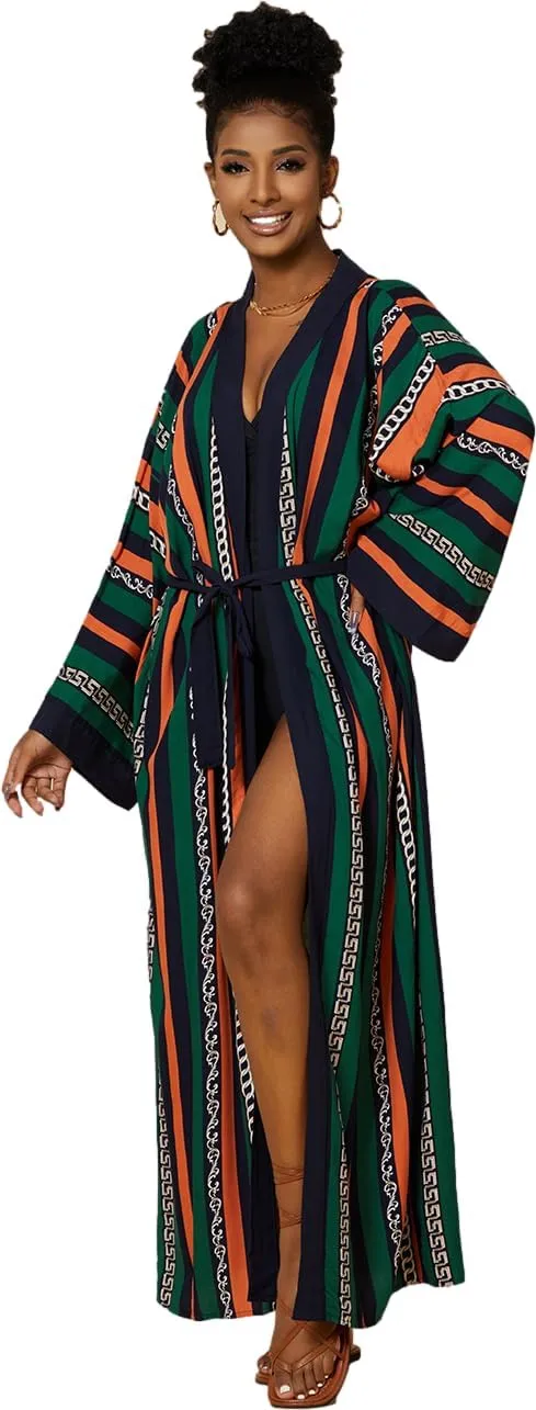 RanRui plus size kimono robe Kimonos for Women open front belt kimono dress animal floral print kimon Duster Kimonos Beach Boho Kimono swim Cover up boho long kimono(8733-8)