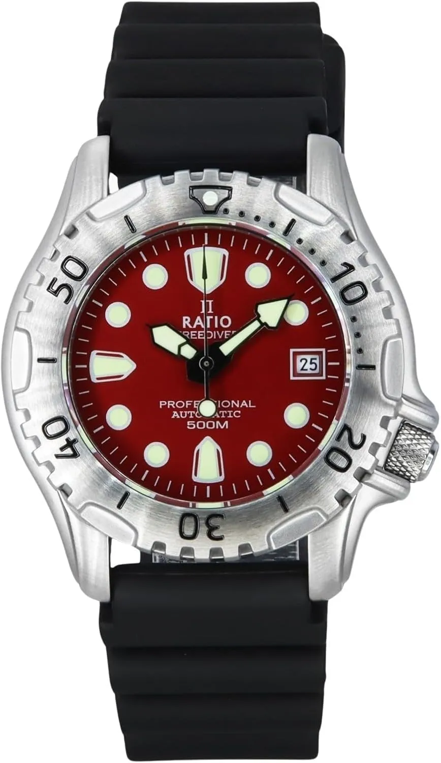 RATIO FreeDiver Professional Diver Watch Sapphire Crystal PU Strap Automatic Dive Watch 500m Water Resistant Diving Watch