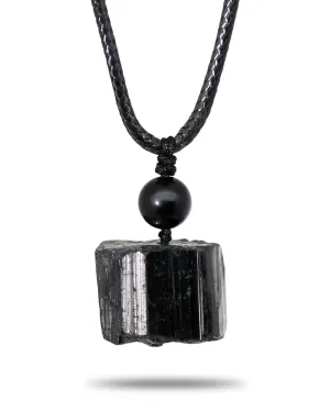 Raw Black Tourmaline Necklace - Protection Crystal Black Necklace for Men Healing Crystal Necklace with Leather Chain and Adjustable Knot Soothe Mind Emotions