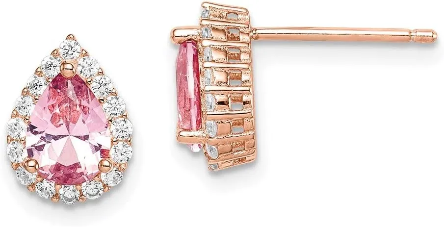 Real 925 Sterling Silver Rose-plated Pink and White Crystal Teardrop Studs Post Earrings - 10mm x 7mm