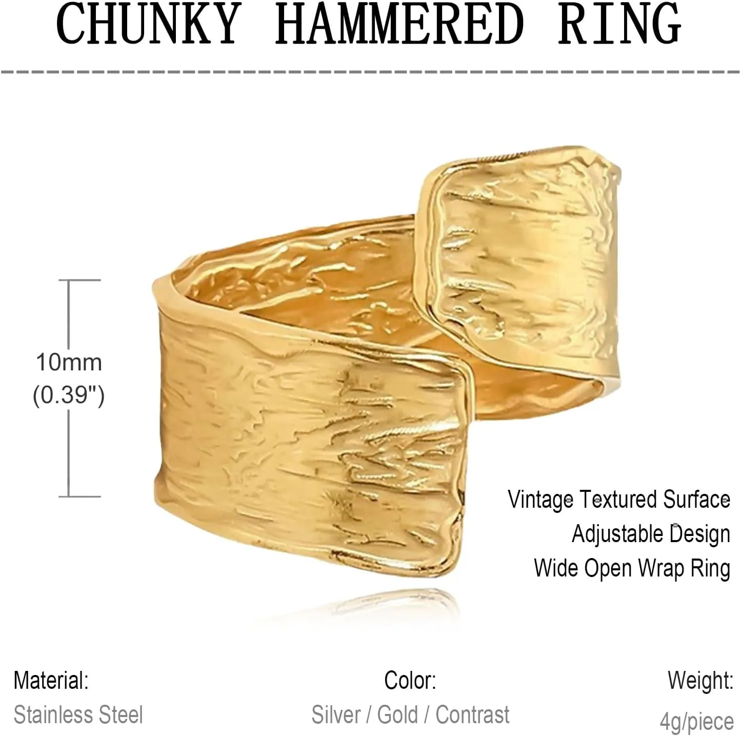 REELMAR Gold Adjustable Hammered Ring for Women 18K Gold Plated Chunky Textured Crossover Ring Vintage Open Wrap Around Ring Trendy Punk Statement Jewelry