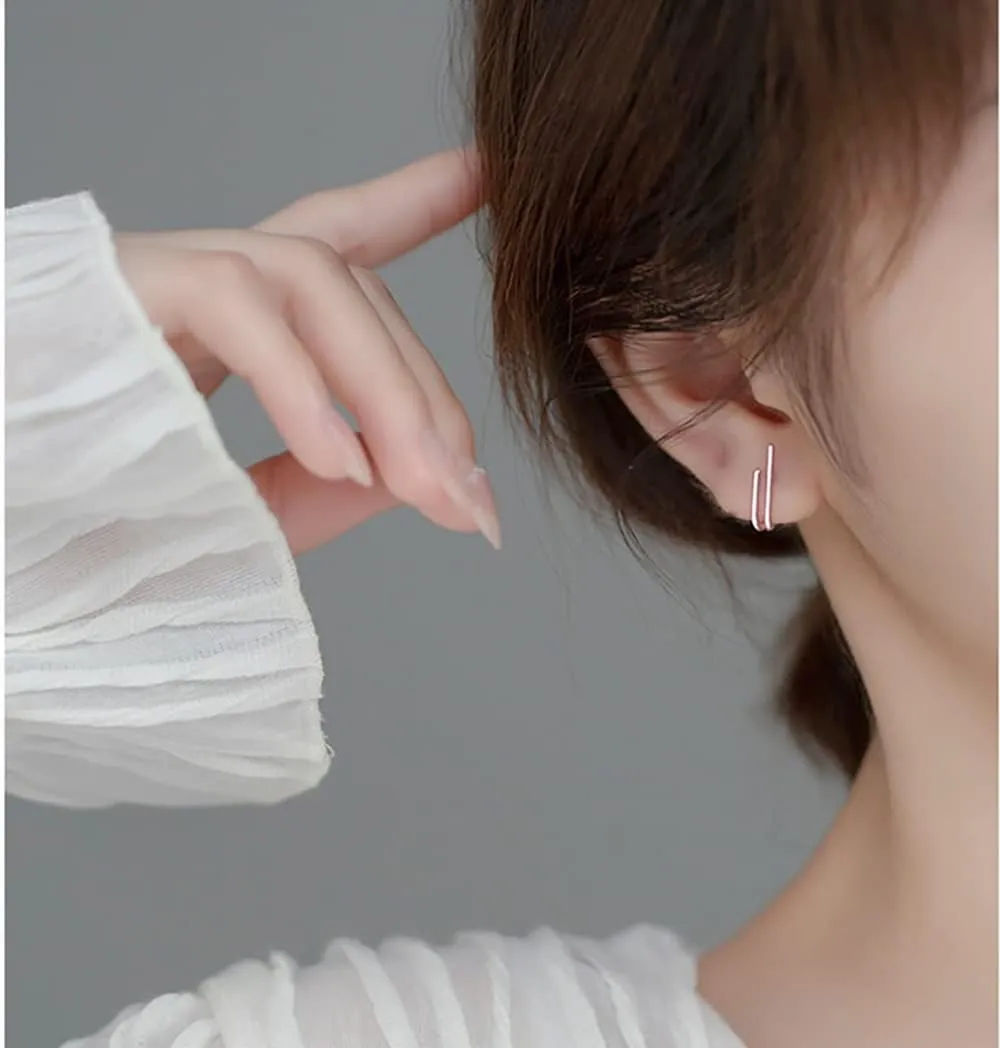 Reffeer Solid 925 Sterling Silver Bar Open Hoop Earrings Huggie Studs for Women Teens Bar Half Hoop Earrings Huggie