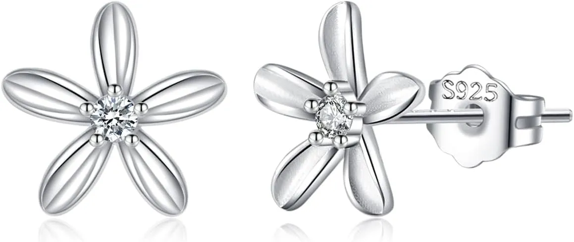 Reffeer Solid 925 Sterling Silver Small Flower Earrings Studs for Women Teens Pretty CZ Flower Stud Earrings Spring