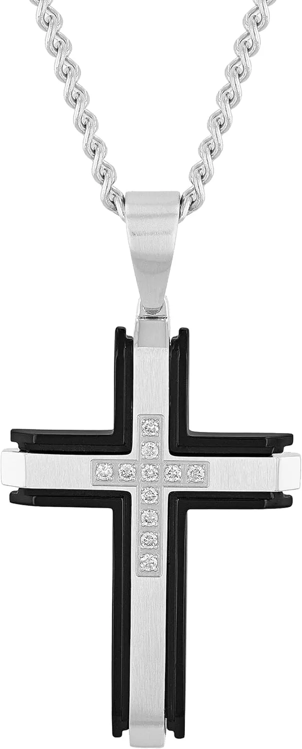 Religious Cross Pendant Necklace for Men 24" Stainless Steel Cuban Chain Crucifix Jewelry Black