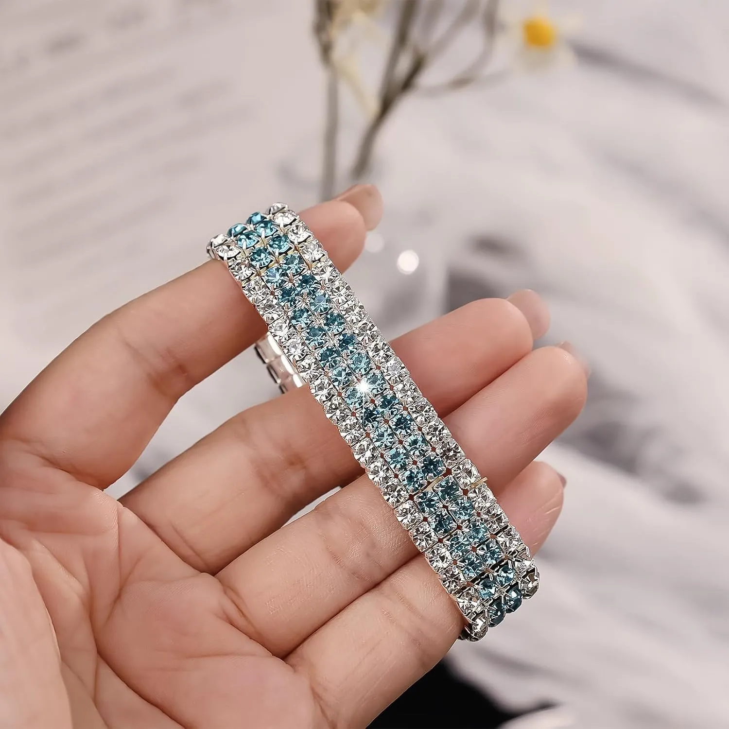 Rhinestone Stretch Bracelets for Women Sparkle Multicolor Crystal Stackable Bracelets Wide Wrist Band Glitter Wedding Bridal Prom Party Strand Tennis Bangles Jewelry