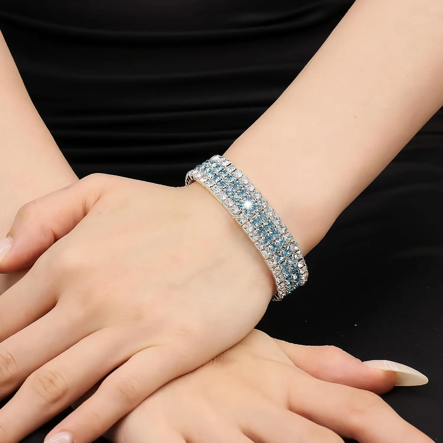 Rhinestone Stretch Bracelets for Women Sparkle Multicolor Crystal Stackable Bracelets Wide Wrist Band Glitter Wedding Bridal Prom Party Strand Tennis Bangles Jewelry